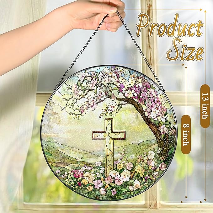 8'' Christian Cross Ornament, Stained Glass Window Hanging, Sun Catcher Window Decor, Christian Faith Home Decor, Gifts for Christmas, Cross Gifts for Religious