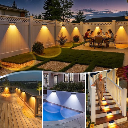 ShineTech Solar Fence Lights Outdoor Waterproof, 3-Color Lighting Modes LED Solar Powered Deck Lights, Outdoor Step Lights for Railing, Patio, Wall, Backyard (8 Packs)