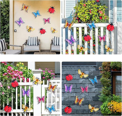 DEWEL 8 Pcs Metal Garden Decor for Outside, 3D Butterfly Ladybug Bee Outdoor Wall Decor, Outdoor Decor Wall Art, Colorful Hanging Decorations for Spring Garden Fence Patio Yard, Great Gift Choice
