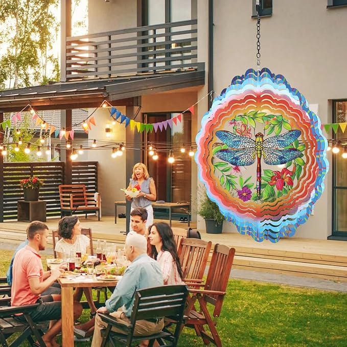 Dragonfly Wind Spinners Garden Decor as Birthday Gifts for Women Mom,12 inch 3D Stainless Steel Hanging Wind Spinner Metal Catchers Kinetic Sculpture for Outdoor Decor, Patio,Yard Decorations