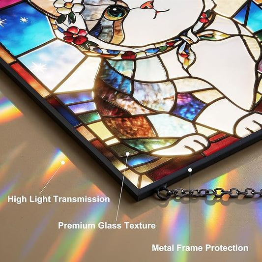 Cat Stained Glass Window Hanging, 7.9" Square Suncatcher with Chain Suction Cup, Cute Kitten Sun Catchers Indoor Window, Colorful Cat Decor for Wall, Porch, Birthday, Tuxedo Cat