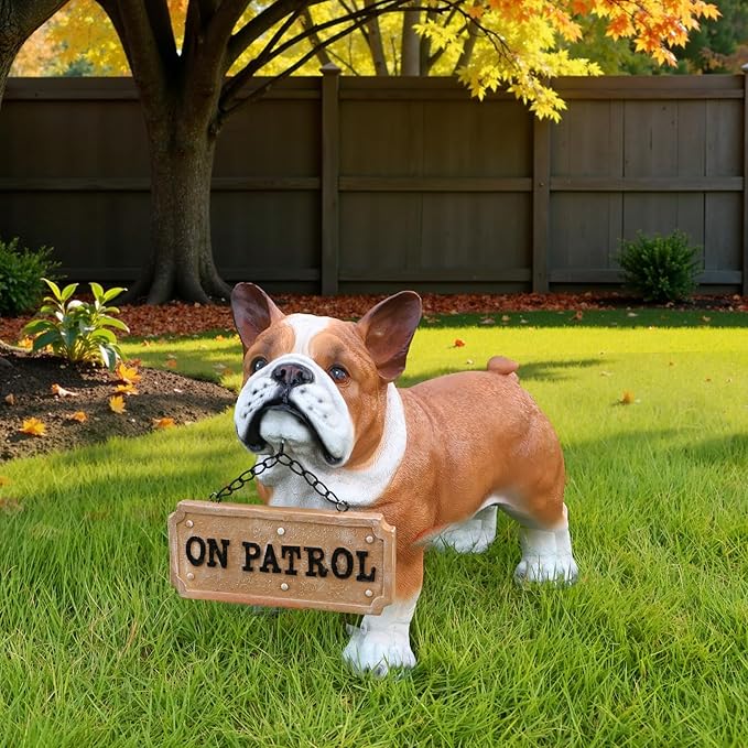French Bulldog Outdoor Dog Statue with Reversible “Welcome/ON Patrol” Hanging Plaque and Solar Walkway Lantern, Brown & White Standing Yard Accent
