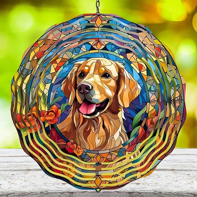 Golden Retriever Wind Spinners - 12 inch 3D Stainless Steel Hanging Wind Spinner Metal - for Indoor/Outdoor Decor, Yard, Garden Decoration