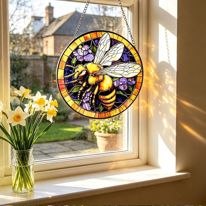 Handcrafted Bee Stained Glass Suncatcher - 7.8 Inch Window Hanging for Home, Kitchen, Porch, Terrace, Garden & Farmhouse - Perfect Mother's Day, Easter & Birthday Gift for Mom & Teachers