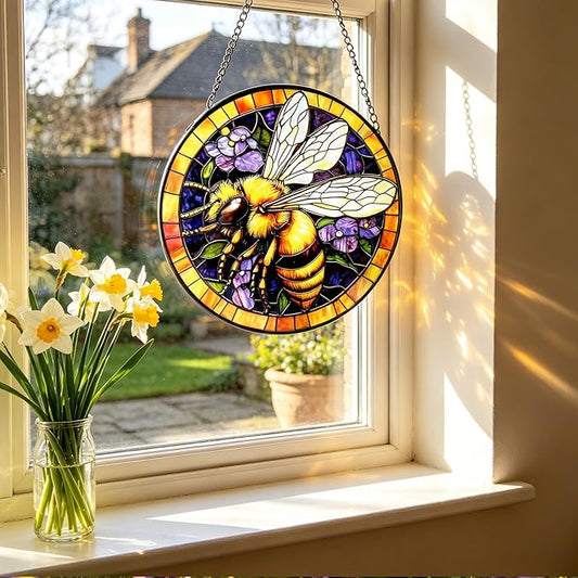 Handcrafted Bee Stained Glass Suncatcher - 7.8 Inch Window Hanging for Home, Kitchen, Porch, Terrace, Garden & Farmhouse - Perfect Mother's Day, Easter & Birthday Gift for Mom & Teachers