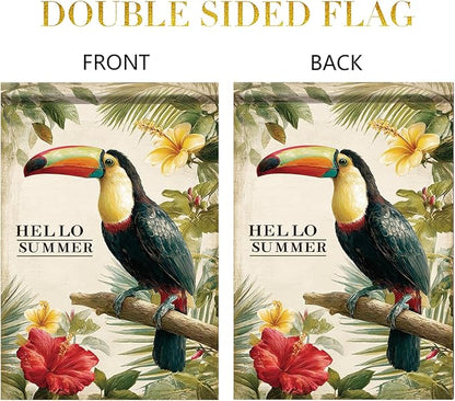 Hello Summer Garden Flag Tropical Toucan Bird Floral Leaves Outdoor Yard Porch Lawn Garden Decor for Beach Patio Cottage Farmhouse Seasonal Summer Home Display