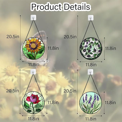 Stained Glass Window Hanging 4 Pcs Set Red Roses Yellow Sunflowers Large 11.8" - Flower Suncatcher Door Garden Sun Catcher Decor Birthday Mother's Day for Mom Woman Nana Girl