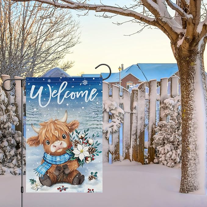 Heyfibro Welcome Winter Highland Cow Garden Flag 12x18 Inch Double Sided Burlap, Christmas Flower Pine Snowflake Snow Yard Flags for Seasonal Xmas Outside Outdoor Decoration (ONLY FLAG)