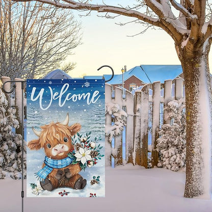 Heyfibro Welcome Winter Highland Cow Garden Flag 12x18 Inch Double Sided Burlap, Christmas Flower Pine Snowflake Snow Yard Flags for Seasonal Xmas Outside Outdoor Decoration (ONLY FLAG)