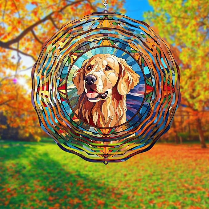 Golden Retriever Wind Spinner Pet Dog Memorial Gifts, Vibrant 3D Kinetic Aluminum Metal Hanging Outdoor Garden Decor, Loss of Dogs Sympathy Gifts, 8" Wind Sculptures for Patio, Porch Yard Art (GR4)