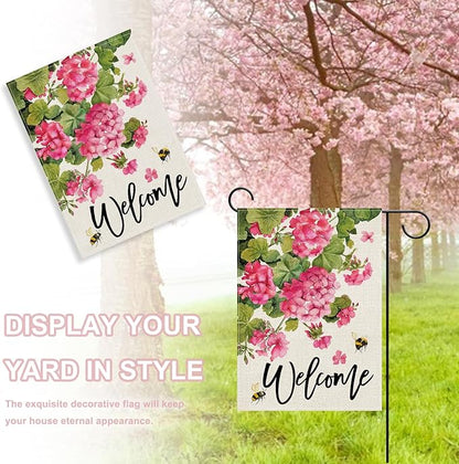 Welcome Spring Summer Geranium Decorative Garden Flag, Pink Floral Flowers Bees Yard Outside Decorations, Seasonal Burlap Outdoor Small Home Decor Double Sided 12 x 18