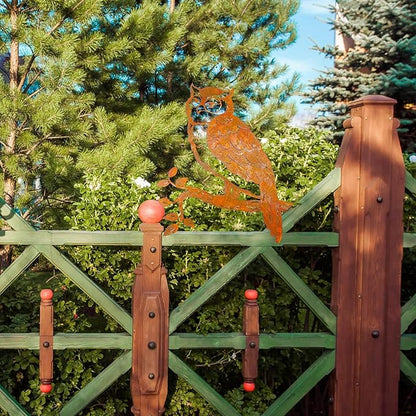 DoubleFill Rustic Copper Metal Owl Statue Outdoor Garden Decor Weather Resistant Rusty Metal Wall Art for Patio Lawn and Backyard Sculpture Gift