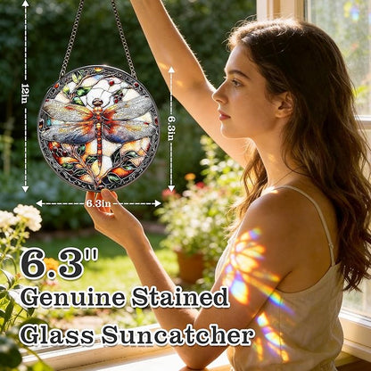 Stained Glass Suncatcher - Dragonfly Stained Glass Window Hanging for Home Decor, Garden & Patio - 6.3 Inch Vibrant Sun Catchers for Windows Hanging - Dragonfly Gifts for Women & Nature Lovers