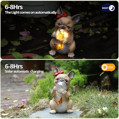 9.8" Solar Dog Garden Statue with Bubble & Butterfly Lights, Cute Sitting Puppy Resin Outdoor Decor, Waterproof Solar Powered Animal Statue for Yard, Lawn, Garden