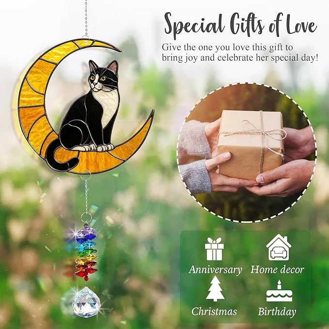 Tuxedo Cat Suncatcher – Black and White Cats Decor Hanging on Moon with Crystal Prism – Tuxedo Cat Gifts for Women, Home or Garden Gift Idea
