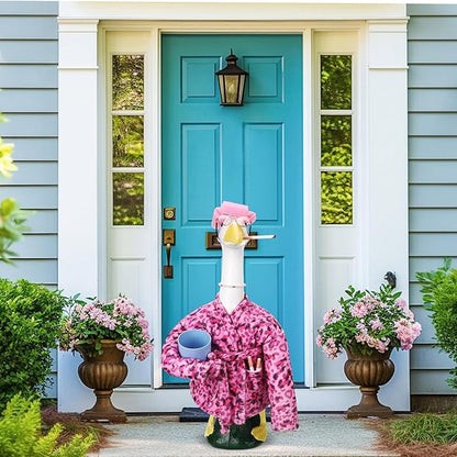 23 Inch Porch Goose Statue Outfits Set Pink Leopard Porch Goose Bathrobe Costumes with Clothes & Accessories for Patio Yard Garden Lawn Outdoor Decoration