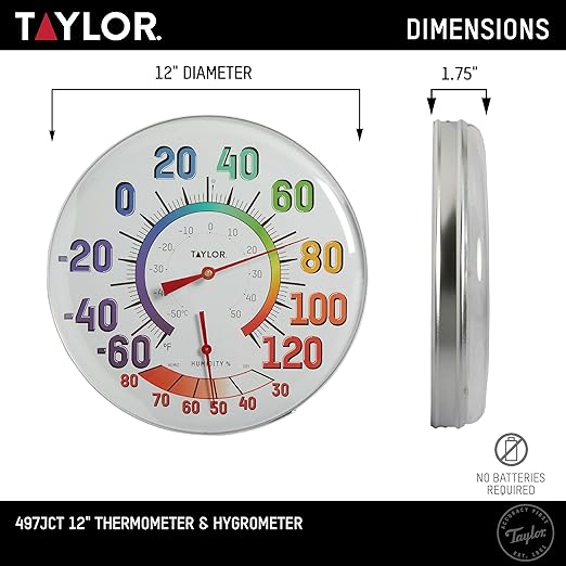Taylor Metal Wall Indoor Outdoor Thermometer and Hygrometer, Easy to Read Numbers for Patio, Pool, and Indoor Areas, 12 inch, Multi