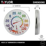 Taylor Metal Wall Indoor Outdoor Thermometer and Hygrometer, Easy to Read Numbers for Patio, Pool, and Indoor Areas, 12 inch, Multi