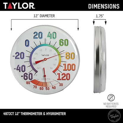 Taylor Metal Wall Indoor Outdoor Thermometer and Hygrometer, Easy to Read Numbers for Patio, Pool, and Indoor Areas, 12 inch, Multi