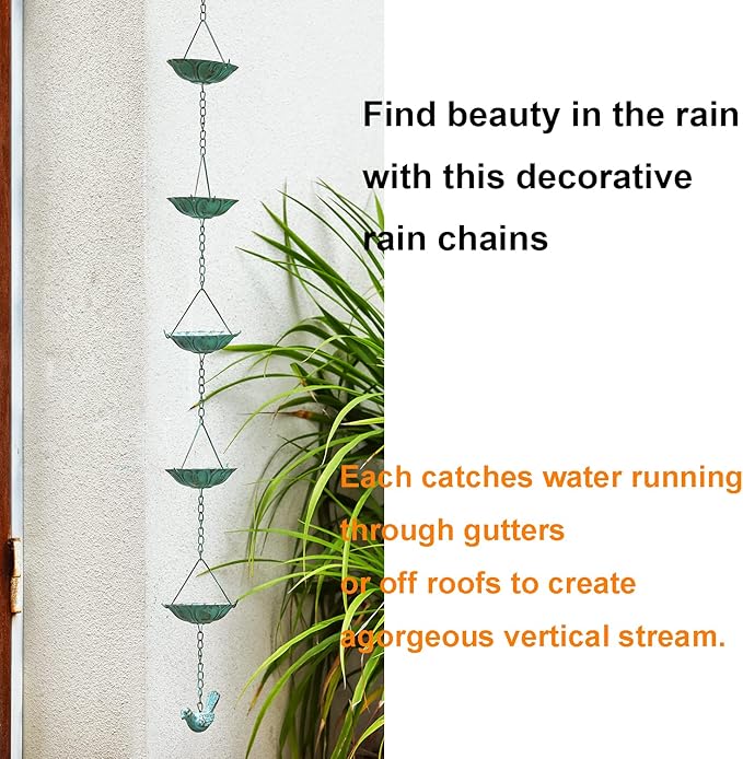 Jemeni 12-Cup Water Lily Rain Chain for Gutters 8.5ft, Green Patina Iron Easy-Install Gutter Chain Alternative, Outdoor Garden & Patio Decor
