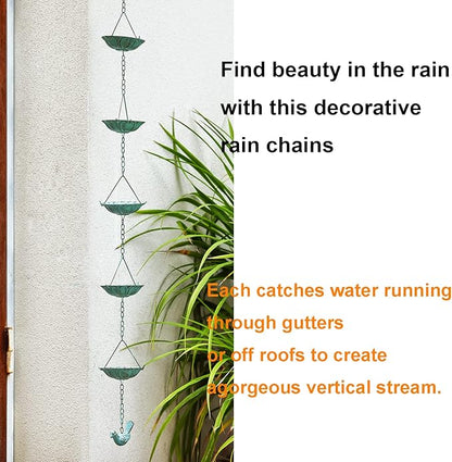 Jemeni 12-Cup Water Lily Rain Chain for Gutters 8.5ft, Green Patina Iron Easy-Install Gutter Chain Alternative, Outdoor Garden & Patio Decor