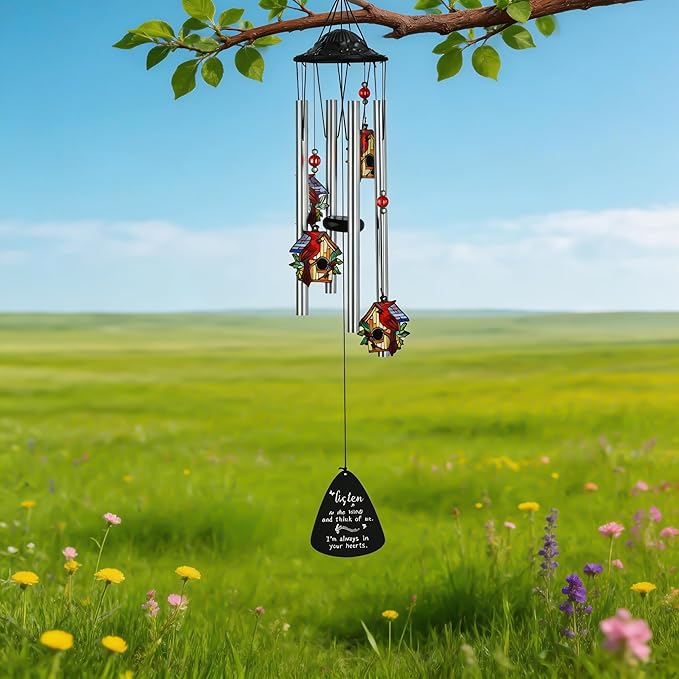 HDCRYSTALGIFTS 34'' Cardinal Wind Chimes for Outside Home Garden Decor Red Bird Memorial Wind Chimes for Loss of Loved One, Sympathy Windchimes Outdoors Cardinal Gifts for Women Mom Grandma Sisters