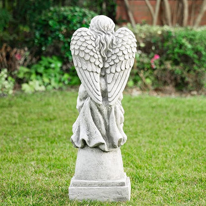 glitzhome GH50526 Angel with a Bird Bath Garden Decor Statue, 31 Inch, Antique Beige