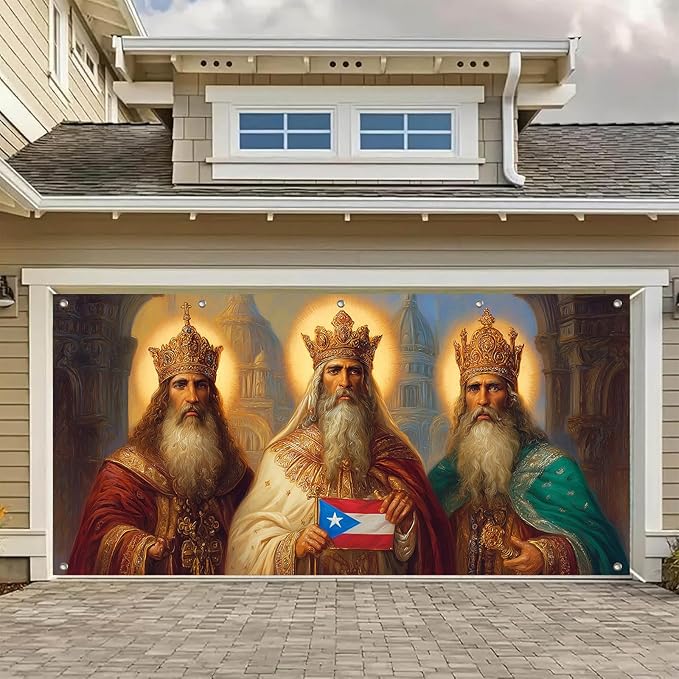 HOMETITUTE 13x6ft Three Kings Day Garage Door Banner Dia de Reyes Puerto Rican Flag Design Polyester Large Outdoor Decoration for Epiphany Celebration Holiday Party Yard Home School