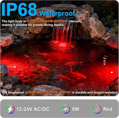 5W Submersible LED Pond Lights, Red Color 12V Wired Low Voltage Outdoor Underwater Spot Lights for Pond Fountain Waterfall, 45° Beam Angle, IP68 Waterproof Stainless Steel, Black, 6PK