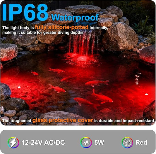 5W Submersible LED Pond Lights, Red Color 12V Wired Low Voltage Outdoor Underwater Spot Lights for Pond Fountain Waterfall, 45° Beam Angle, IP68 Waterproof Stainless Steel, Black, 6PK