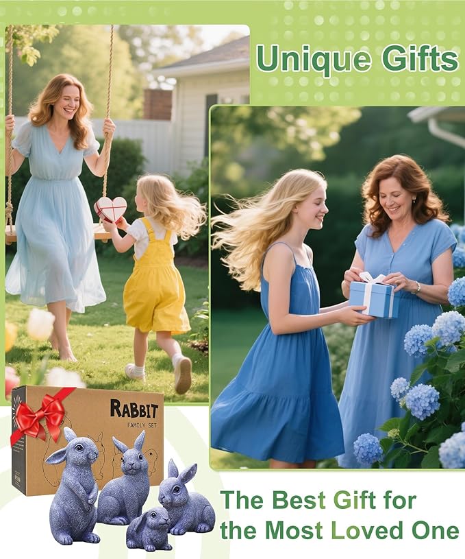 Bunny Garden Decor Outdoor Statues: Rabbit Figurines for Easter Ornaments Patio Lawn Office Decorations Indoor Accessories (4 Pack) - Gifts for Mom Grandma