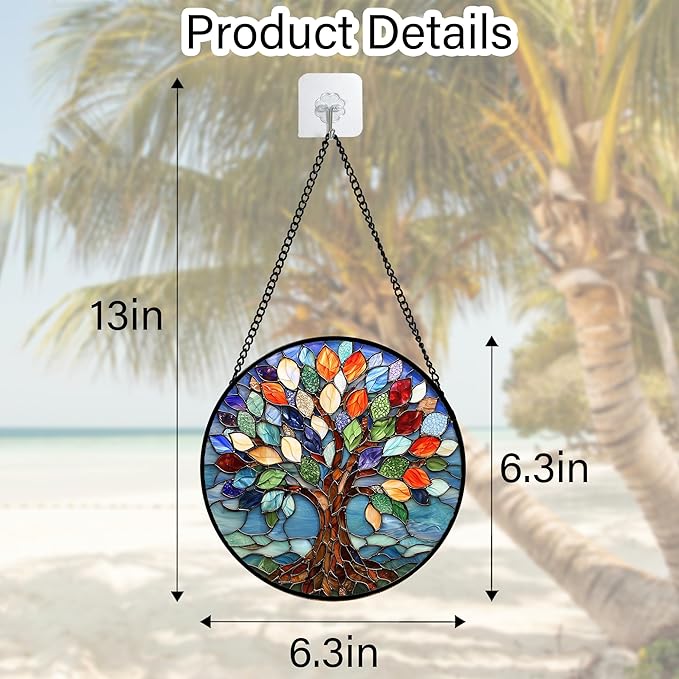 DASTOLL Stained Glass Window Hanging, Colorful Tree of Life Sun Catchers Glass Panel Blue Suncatcher Decor for Birthday for Women, Men, Wife, Aunt, and Mom 6.3 in