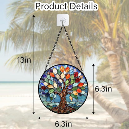 DASTOLL Stained Glass Window Hanging, Colorful Tree of Life Sun Catchers Glass Panel Blue Suncatcher Decor for Birthday for Women, Men, Wife, Aunt, and Mom 6.3 in