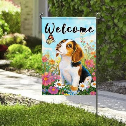BlissYard Welcome Garden Flag Double Sided 12x18 Inch Cute Beagle Dog Flowers Seasonal Spring Small Flags For Outside Outdoor Decor Yard Farmhouse Holiday Spring Summer Decorations Yard Flags