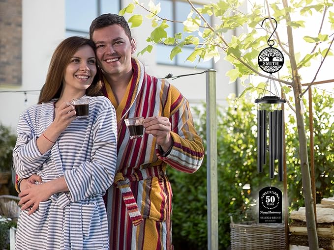 Personalized Anniversary 37" Wind Chime with Custom Metal Name Signs, 15th 20th 25th 30th 35th 40th 50th 60th 65th 70th Any Year Anniversary Wedding Gift for Him or Her or Parents