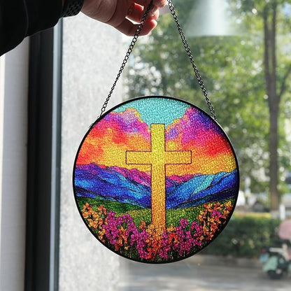 7.88'' Glass Window Hanging, Colorful Cross Sun Catchers Glass Panel for Window, Christian Evening Glow Suncatcher Decor with Hook Chain for Mother's Day Birthday for Women, Men, Wife, Aunt, and Mom