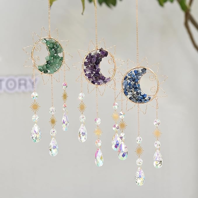 Sun & Crescent Crystal Suncatcher, Crystal Hanging Prism, Rainbow Makers, Housewarming Gift, Garden Decoration, Window Ornament (Purple)