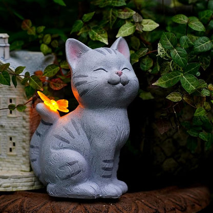 Solar Garden Statue Cat with Glowing LED Butterfly, Waterproof Resin Outdoor Decor Light, Whimsical Yard Art for Patio Balcony Porch, for Mom Women Friends
