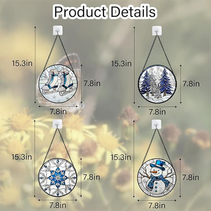 DASTOLL Stained Glass Window Hanging 4 Pcs Set White Winter Christmas Snow Scene 7.8" - Suncatcher Door Garden Sun Catcher Decor Birthday for Mom Woman Nana Men Friend Wife