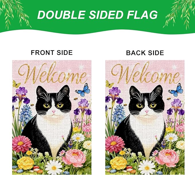 IVN Welcome Cat Spring Garden Flag 12x18 Inch Black White Kitty Watercolor Floral Garden Yard Flag Gold Glitter Welcome Butterflies Bees Daisies Iris Pink Flowers Double Sided Burlap Vertical Small House Flag Seasonal Outdoor Decoration for Front Door ...