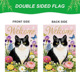 IVN Welcome Cat Spring Garden Flag 12x18 Inch Black White Kitty Watercolor Floral Garden Yard Flag Gold Glitter Welcome Butterflies Bees Daisies Iris Pink Flowers Double Sided Burlap Vertical Small House Flag Seasonal Outdoor Decoration for Front Door ...