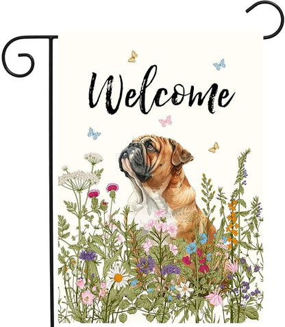 Spring Summer Garden Flag Floral English Bulldog Yard Flag Flower Dog Garden Flags for Outside Small Outdoor Welcome Flags 12x18 Double Sided