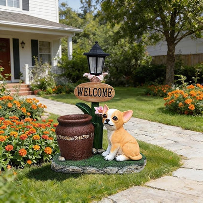 Solar Light Animal Outdoor Statue Planter with Welcome Sign, Resin Garden Sculpture Flower Pot for Patio Lawn Porch Yard Courtyard Decor, Weather-Resistant Decorative Figurine Accent (O)