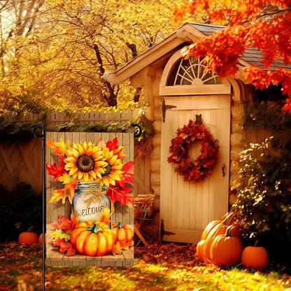 Fall Garden Flags Thanskgiving Sunflower Pumpkin Printing Garden Flag Welcome Autmn Maple Leaves Yard Flag for Outside Mason Jar Pattern Double Side Floral House Flag Decor Standard Size 12×18 Inch