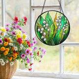 Lily of The Valley Suncatchers Stained Glass Window Hanging, Lily of The Valley Flower Sun Catchers Indoor Window Glass Round Wall Decor, Floral Botanical Wall Hanging Decorations, 7.9x7.9in