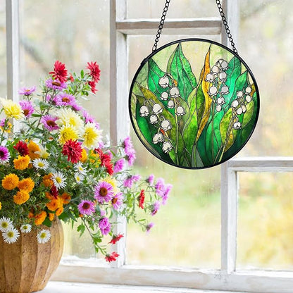 Lily of The Valley Suncatchers Stained Glass Window Hanging, Lily of The Valley Flower Sun Catchers Indoor Window Glass Round Wall Decor, Floral Botanical Wall Hanging Decorations, 7.9x7.9in