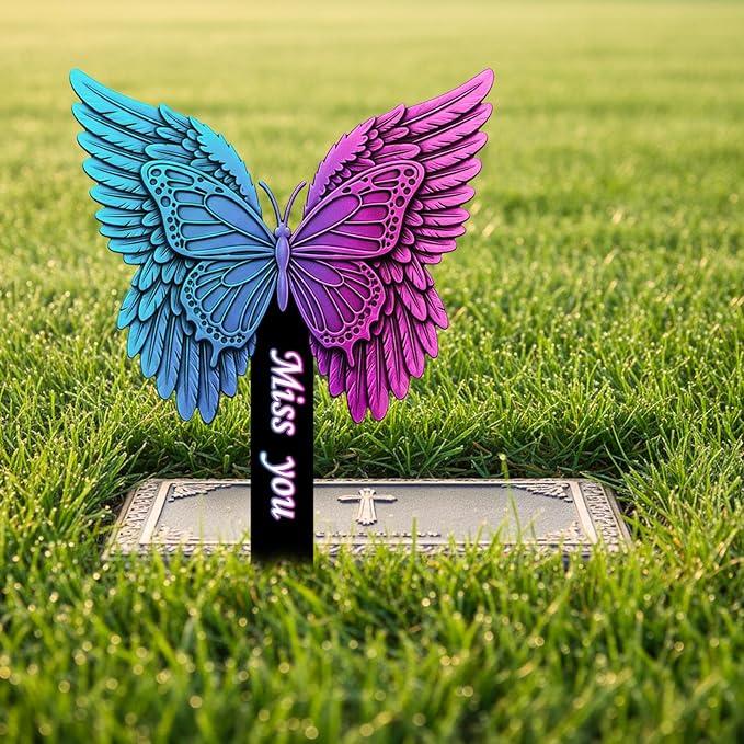 Butterfly Memorial Garden Stake - Metal Miss You Grave Decorations for Cemetery - Sturdy Thickened Remembrance Plaque, Vibrant Sympathy Gift for Loss of Loved One, Cemetery Grave Marker