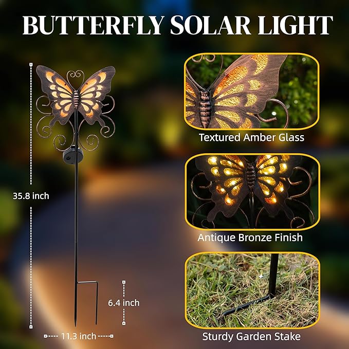 Butterfly Solar Lights for Outside, 36 inches Waterproof Metal Solar Pathway Lights, Large Solar Butterfly Lights Outdoor Garden Decor, Warm Amber LED Stake Lights Outdoor Yard