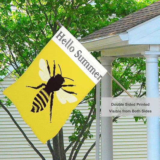 Mugod Bee Honeybee House Flag 28x40 Inch Double Sided Burlap, Hello Summer Large Yard Banner for Outdoor Seasonal Decoration
