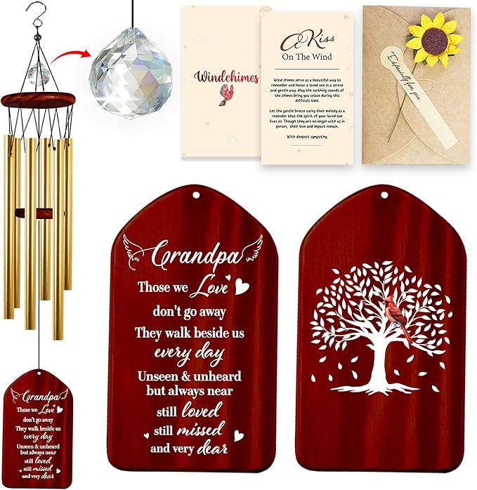 Grandpa Crystal Memorial Wind Chimes Christmas Sympathy Keepsake Remembrance Quote Gramps Dada Papi Grandfather Pass Away Condolence Funeral Gift Cherished Memory Window Garden Decor HW12-RW-GP